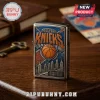Silver metal lighter with embossed New York Knicks text and basketball over a NYC skyline graphic design!