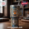 Blue and gold stainless steel tumbler featuring New York Knicks logo, Madison Square Garden engraving, and metallic finish!