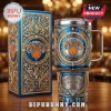 Blue and gold stainless steel tumbler with New York Knicks logo and Madison Square Garden illustration in ornate style!