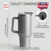 Grey stainless steel travel tumbler with straw and handle, showing product dimensions of 12.3 inch height and 5.82 inch width!