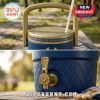 Split screen advertisement showing close up details of a blue and gold New York Yankees 125 years commemorative water cooler with spigot and peanuts!
