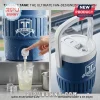 Two images showing a person pouring liquid from a blue tank and a top view of the lid!