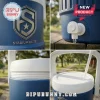 Four zoomed in images of a blue cooler cup showing its logo spigot and lid!
