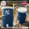 Two views of a blue cooler cup on a table showing its handle straw and spigot!
