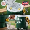 Collage of a green water cooler showing the open top with ice ice pouring from a spigot and the side logo!