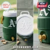 Three panels showing a green cooler from the front the top lid and the bottom spigot!