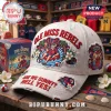 White baseball cap with Ole Miss Rebels embroidery, distressed patches, tropical beach theme, and red text on brim.!