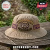 Tan distressed bucket hat with Omega Psi Phi fraternity text, bulldog emblem, 1911, and Greek letters in purple and gold!