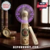 Cream handheld fan, gold accents, clear blade, purple LED text 