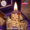 Gold luxury lighter with lit flame, ornate diamond shield, purple details, 