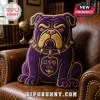 Purple and gold bulldog shaped pillow with Omega Psi Phi Greek letters and 1911 text on a leather chair!
