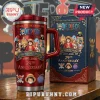 Red stainless steel One Piece anniversary tumbler with anime characters and text Set Sail For The Grand Line!