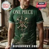 Green One Piece anime t-shirt with straw hat skull compass graphic and pirate ship design in retro nautical style!