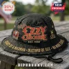 Distressed black bucket hat with red gold Ozzy Osbourne logo, EST. 1980, bat, skull. Brim says Diary of a Madman, Blizzard of Ozz, No More Tears!