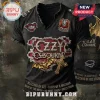 Black distressed V-neck t-shirt with OZZY OSBOURNE logo, gold bat, cross, and 