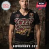 Black v-neck metal t-shirt featuring distressed red and grey 'OZZY OSBOURNE' text, golden bat, and cross designs!