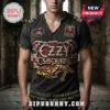 Distressed dark gray heavy metal Ozzy Osbourne V-neck tee with red, gold, white accents! 