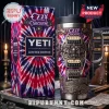 Ozzy Osbourne Yeti tumbler with red and blue tie-dye lightning, guitar mechanics, and skull bat crest design!