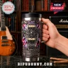 Ozzy Osbourne metal tumbler with guitar skull design, tie-dye purple red background, stainless steel handle and straw!