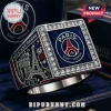 Silver PSG championship-style ring with blue square face, clear gemstones! Features Eiffel Tower, Arc de Triomphe, ICI C'EST PARIS, 1970, PARIS SAINT-GERMAIN text!