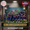 PSG soccer team lifting trophy in blue and red jerseys with PSG UEFA Champions League 2025 text on gold base plaque!