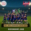 PSG soccer team lifting Champions League trophy with gold text reading PSG UEFA CHAMPIONS LEAGUE 2025 on a display base!