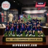 PSG soccer team figurine display with Champions League trophy and text PSG UEFA CHAMPIONS LEAGUE 2025 on a base!