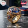 Gold Paris Saint-Germain 2026 UEFA Champions League ring with a central blue stone and red and blue border accents.!