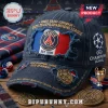 Navy blue distressed baseball cap with Paris Saint-Germain 2025-26 UEFA Champions League embroidery and gold text!