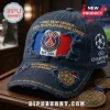 Navy blue distressed Paris Saint-Germain baseball cap with 2025-26 Champions League embroidery and team player names!