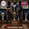 Soccer players Desire Doue and Ousmane Dembele with UEFA Champions League trophy in PSG kits text UEFA Champions League 2025!