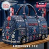 Quilted blue duffel bag shaped like a van with Paris Saint-Germain logos and text including Ici Cest Paris and Champions!