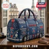 Blue quilted travel duffle bag shaped like a van with Paris Saint-Germain soccer patches and Eiffel Tower graphics!
