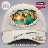 Beige distressed cap with tropical macaw wearing straw hat, sunset beach art, 