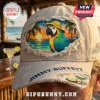 Beige distressed cap, retro parrot in straw hat, sunset beach, ocean. Text: JIMMY BUFFETT, margarita art!