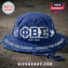Distressed blue bucket hat with white embroidered ΦΒΣ letters, EST. 1914, crest, dove, and 