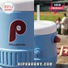Side view of a light blue jug featuring a red logo and the word Philadelphia!