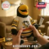 Plush penguin hockey mascot toy wearing white yellow and black sports jersey holding a stick!