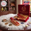 Red and gold Power Rangers fans with 'IT'S MORPHIN' TIME!' text! Retro collectible box, ranger coins, and figures!