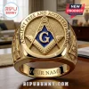 Gold Masonic ring with blue square and compass, G, ANCIENT FREE AND ACCEPTED MASONS, Pillars, Eye of Providence!
