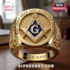 Ornate gold and blue Masonic ring with square and compass, Eye of Providence, text ANCIENT FREE AND ACCEPTED MASONS G, YOUR NAME customization!