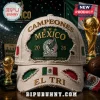 Distressed beige baseball cap with dark green patch, gold CAMPEONES MEXICO 20 26 PASIÓN ORGULLO GLORIA EL TRI embroidery, and Mexican flag patches!