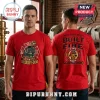 Red t-shirt with front and back Scooby-Doo firefighter graphics and Built By Fire text in a vintage badge style!
