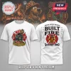 White t-shirt showing Scooby Doo as a firefighter with logo text Built By Fire on back and fire department emblem on front!