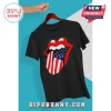 Black t-shirt with a red lip graphic featuring a blue and white star and red stripe USA flag tongue design!