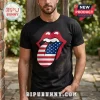 Black t-shirt featuring a red lips and white teeth graphic filled with a United States flag design!