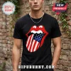 Black t-shirt with red lips and tongue design featuring a US American flag pattern on the tongue!