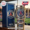 Blue and gold ornate luxury Yeti tumbler, Paris Saint-Germain logo, Eiffel Tower, Parc des Princes, August 12, 1970!