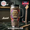 Queen rock band stainless steel tumbler with tie dye background and 3D gold embossed emblem text We Are The Champions!