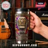Stainless steel tumbler with Queen rock band logo, tie-dye background, guitar strings, and We Are The Champions text!